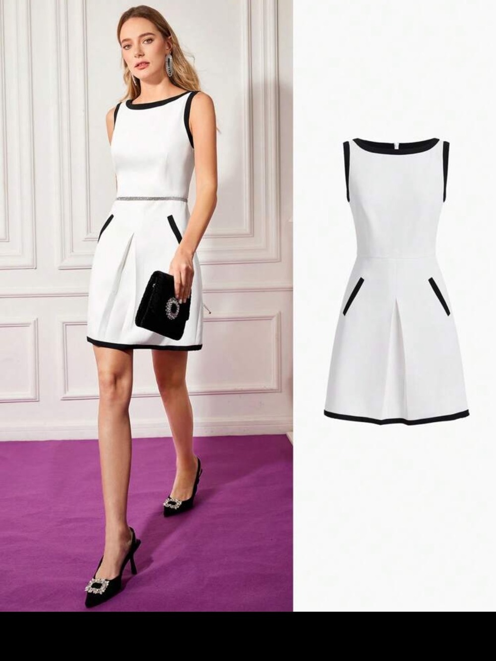 Elegant White Sleeveless Romper with Black Contrast Trim